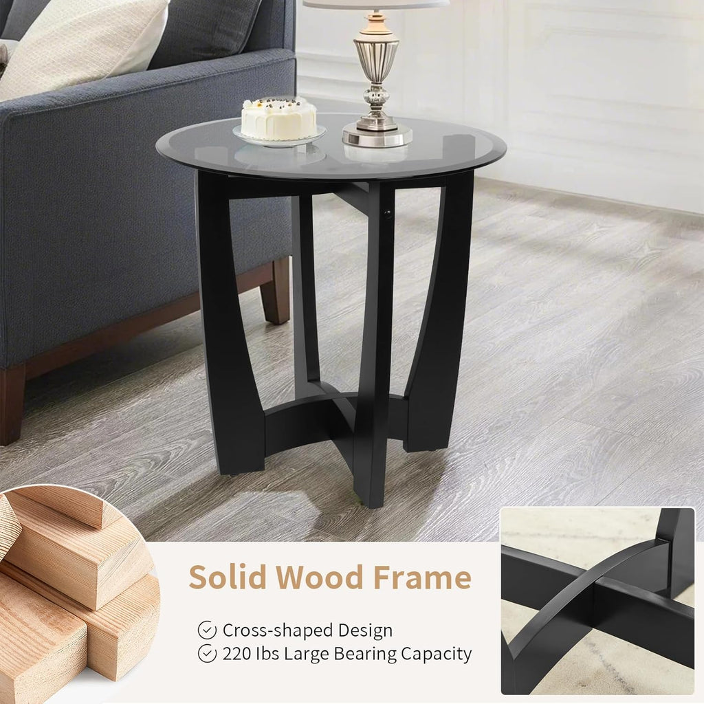LKTART Glass End Table, 23.5" Round Side Tables with Black Tempered Glass Top Cross and Solid Wood Base Small Night Stand for Living Room Office Apartment Black