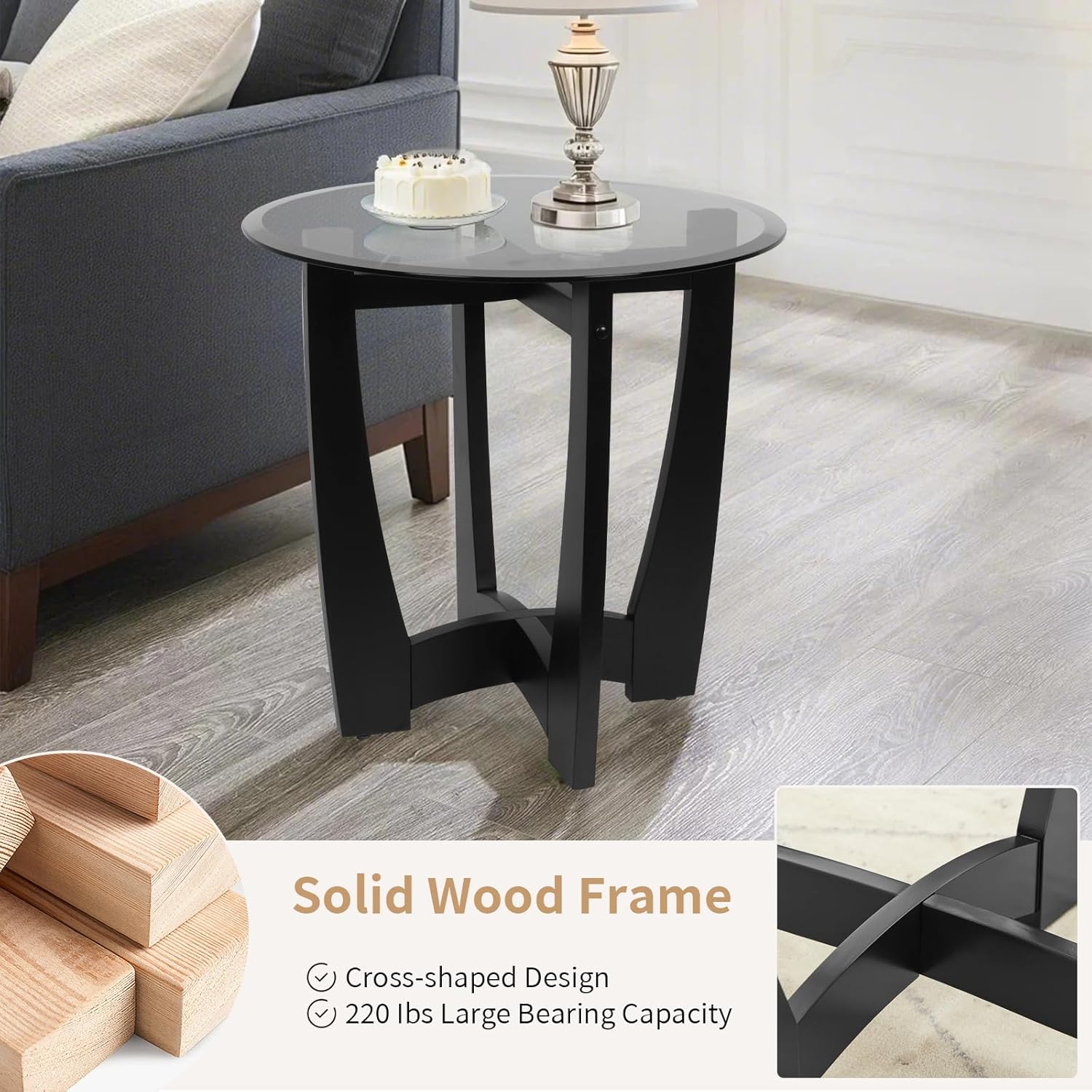 LKTART Glass End Table, 23.5" Round Side Tables with Black Tempered Glass Top Cross and Solid Wood Base Small Night Stand for Living Room Office Apartment Black