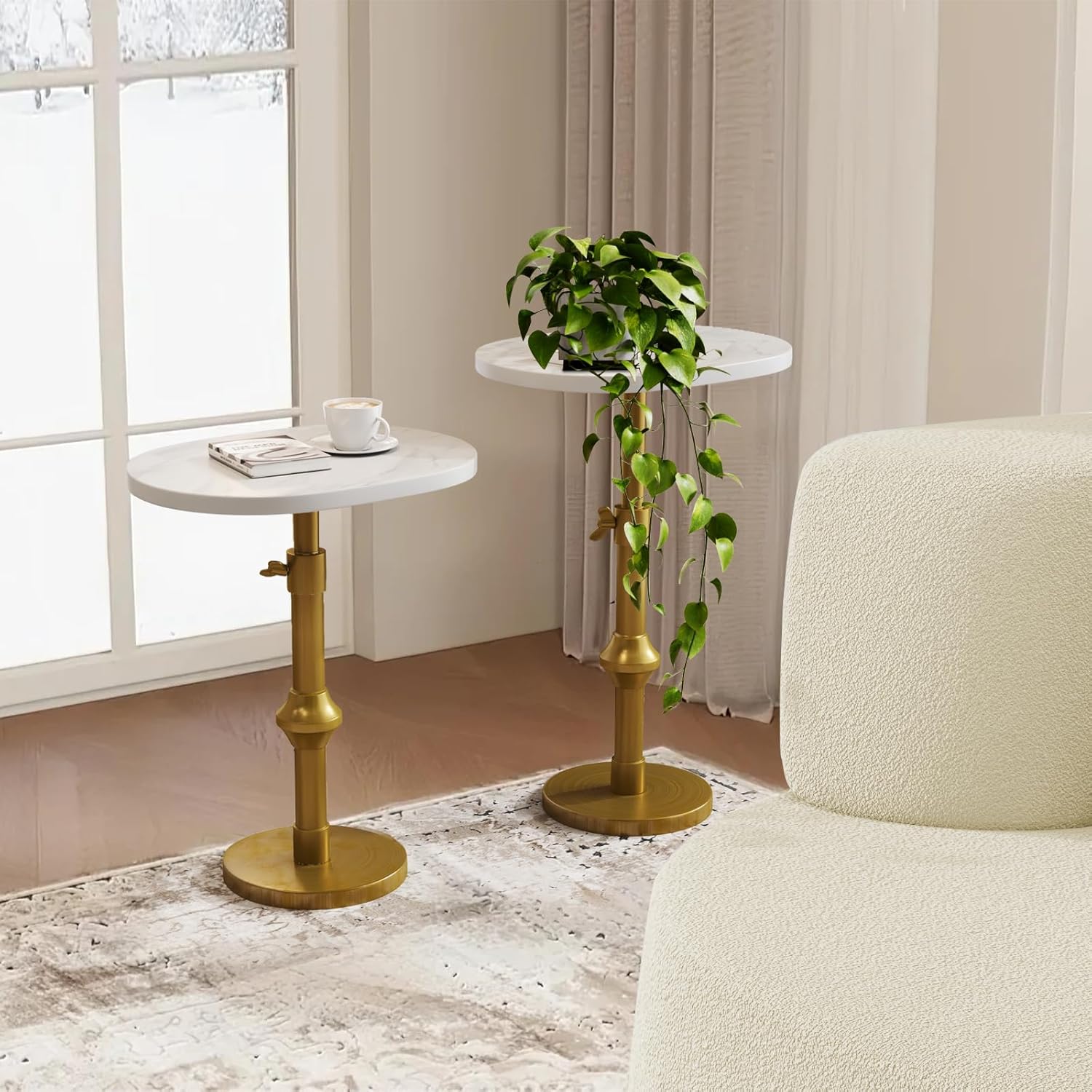 WHGBJA Adjustable Drink Table, 10"x12"x(22“~30") Martini Table with Metal Antique Brass Stand Base, Drink Tables for Small Spaces, Living Room, Bedroom, Or Office (White)