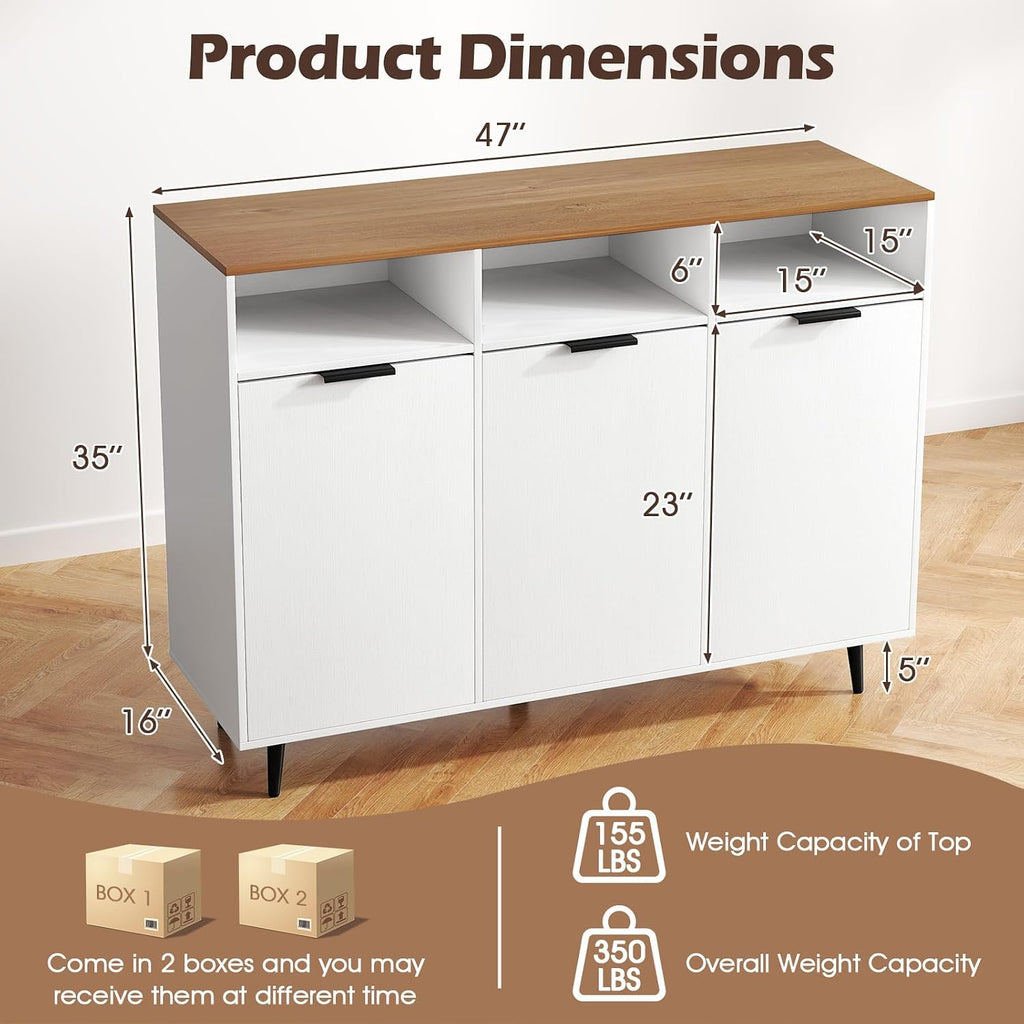 LOKO 47" W Buffet Sideboard, Kitchen Storage Cabinet with 3 Open Compartments, 3 Doors, 5-Position Adjustable Shelves, Coffee Bar Cabinet, Accent Sideboard for Living Room, White