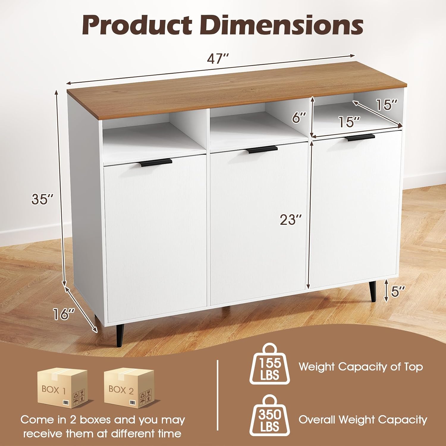 LOKO 47" W Buffet Sideboard, Kitchen Storage Cabinet with 3 Open Compartments, 3 Doors, 5-Position Adjustable Shelves, Coffee Bar Cabinet, Accent Sideboard for Living Room, White
