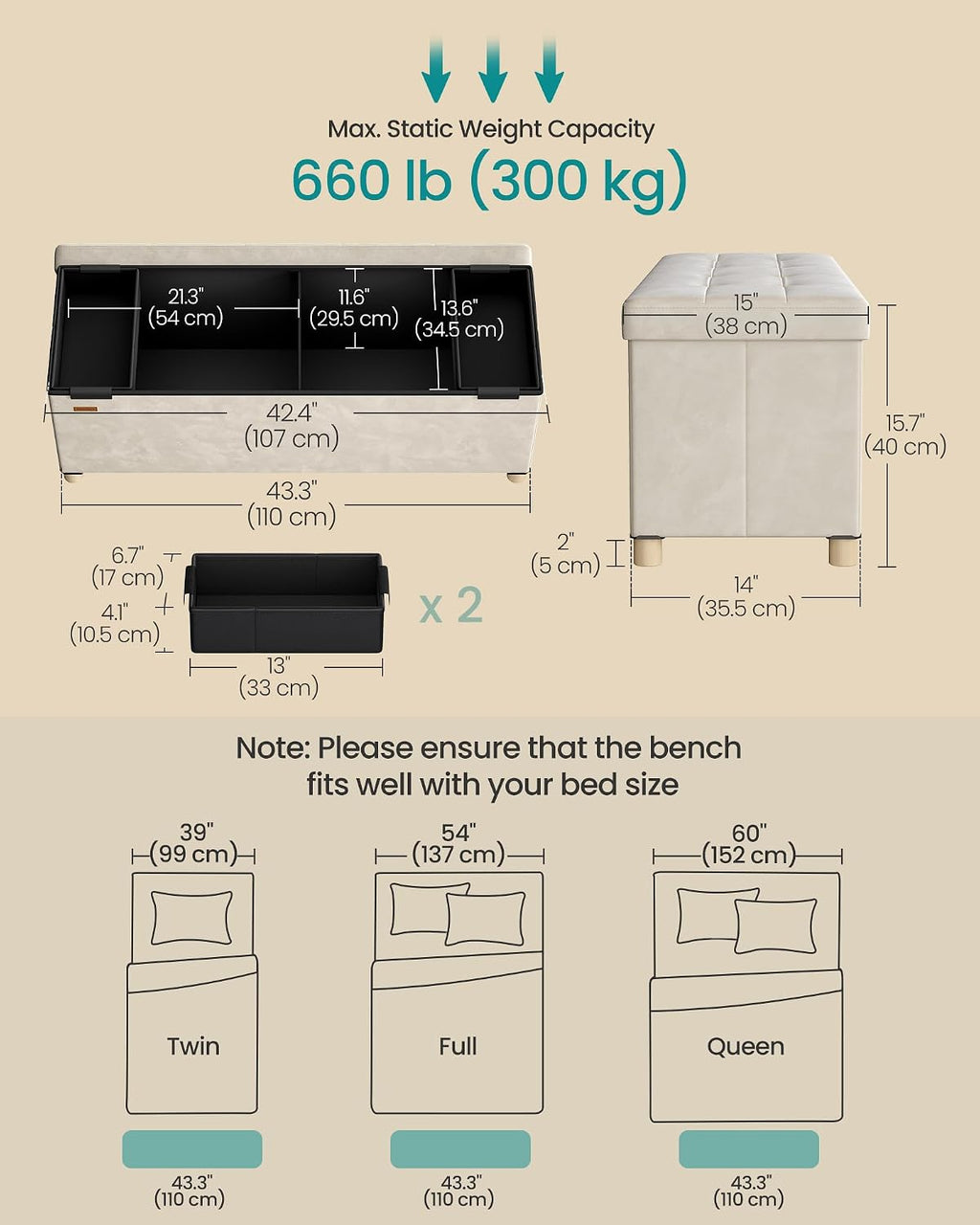 SONGMICS Storage Ottoman Bench with Legs, 43.3 Inches, 30 Gal. (112 L) | Bench with Legs, Velvet, for Living Room, Entryway, Cappuccino Beige and Ink Black, MELISA Collection ULSF0518W02