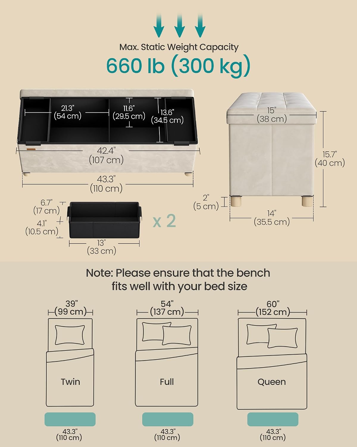 SONGMICS Storage Ottoman Bench with Legs, 43.3 Inches, 30 Gal. (112 L) | Bench with Legs, Velvet, for Living Room, Entryway, Cappuccino Beige and Ink Black, MELISA Collection ULSF0518W02