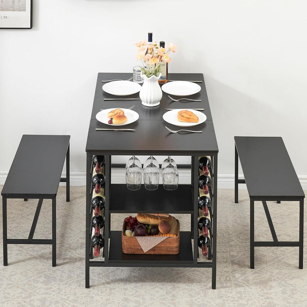 Garvee Dining Table Set for 4, Kitchen Table Set for 4 with 2 Benches, 3 Piece Dining Room Table Set for Small Space Apartment, Black