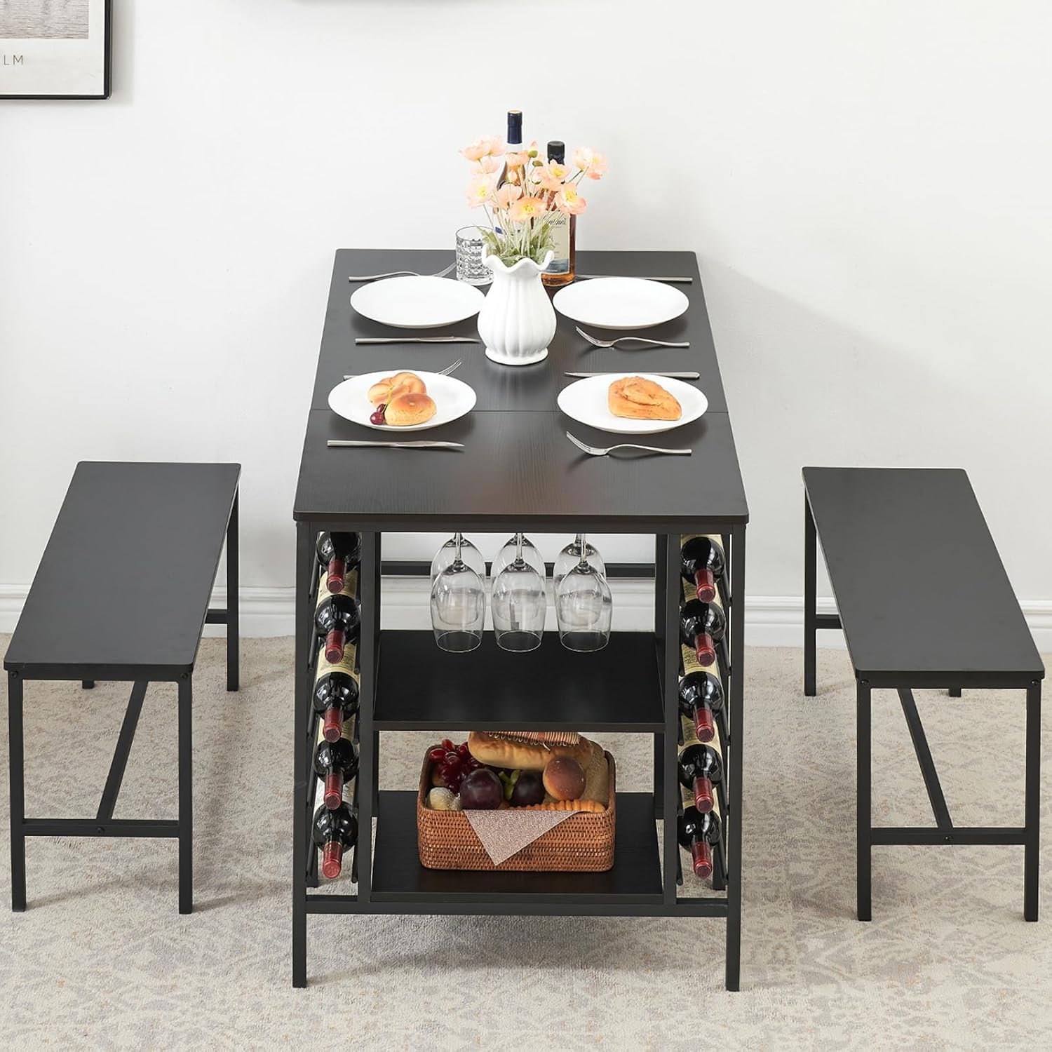 Garvee Dining Table Set for 4, Kitchen Table Set for 4 with 2 Benches, 3 Piece Dining Room Table Set for Small Space Apartment, Black