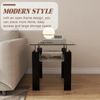 2-Tier End Table with Tempered Glass Top and MDF Frame, Modern Black Square Side Table with Storage Shelf for Living Room, Bedroom, Apartment, Easy to Assemble