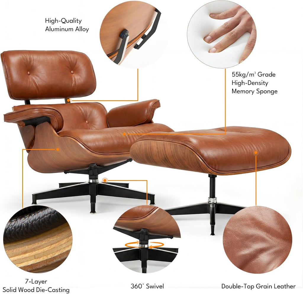 Top Grain Leather, Mid Century Chaise Lounge Chair and Ottoman, Reading Chair, Accent Chair, Modern Classic Chair, Heavy Duty Base Support for Living Room Lounge Office, Walnut-Brown, Heightening