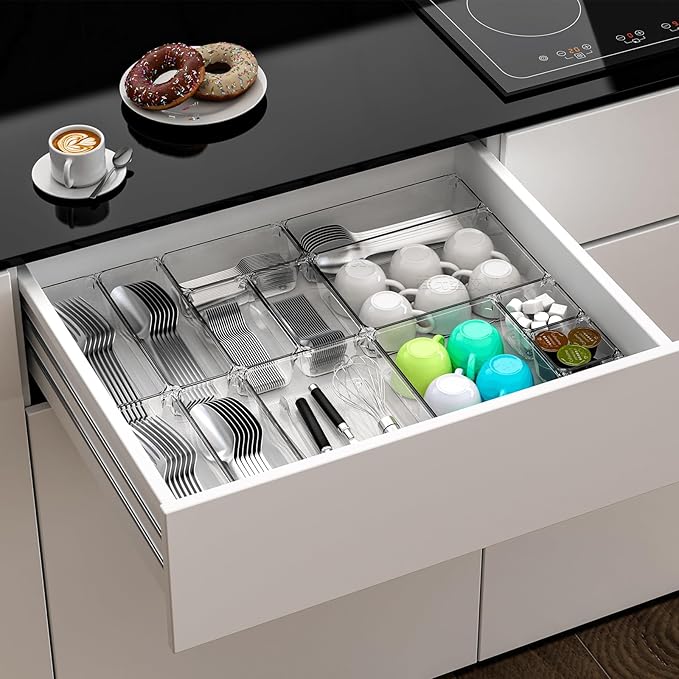 7 Pack Clear Plastic Drawer Organizer Set,4 Sizes Bathroom Drawer Organizers and Storage Bins,Vanity Drawer Organizer for Makeup,Cosmetics,Jewelry,Utensils,Gadgets,Office In Drawer Organizers Trays