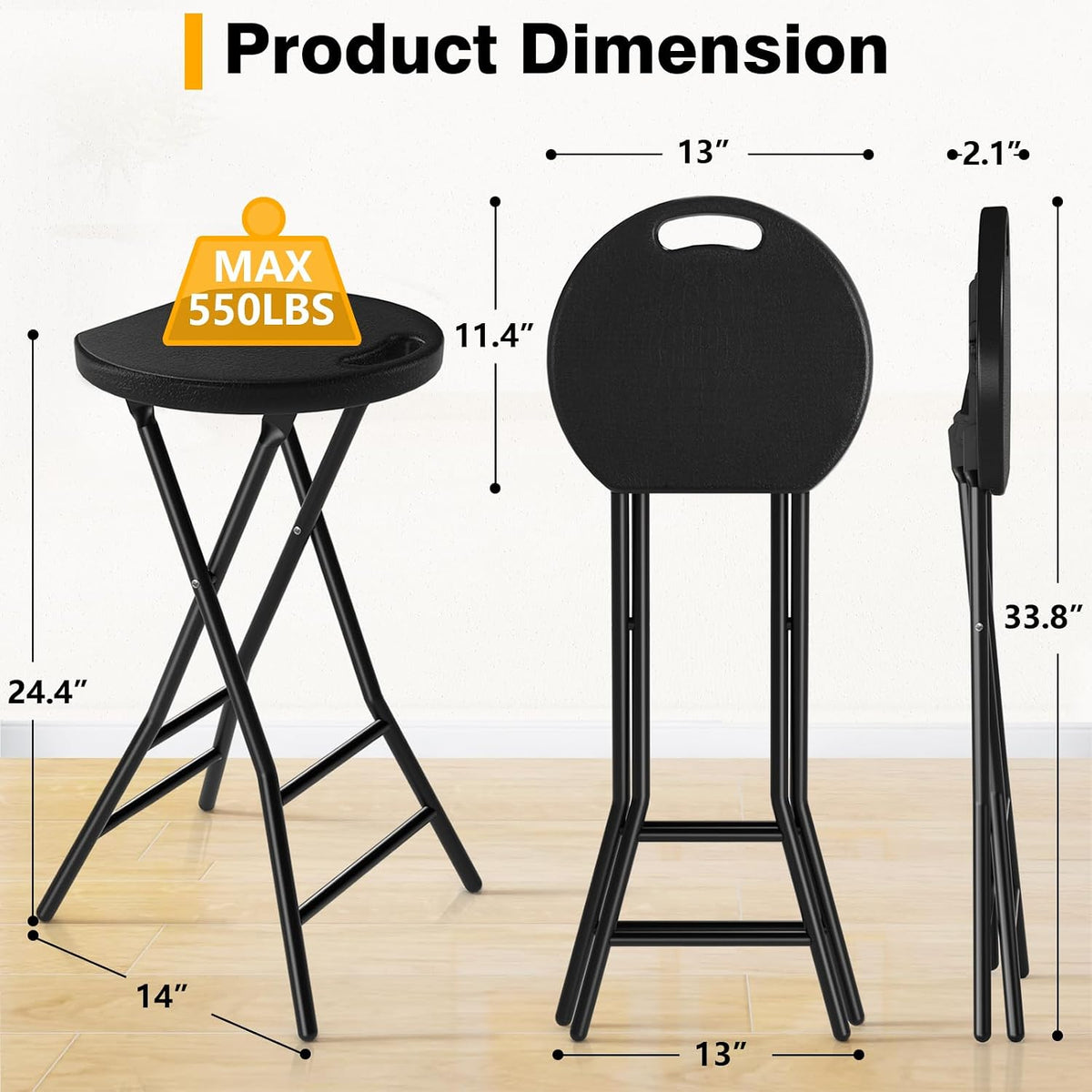 TAVR Furniture Portable Folding Chair with Handle, Heavy Duty Round Fold Stool Chair with 550lbs Capacity for Adults, 24 Inch Foldable Stool for Dorm, Kitchen, Vanity, Church and Outdoor use