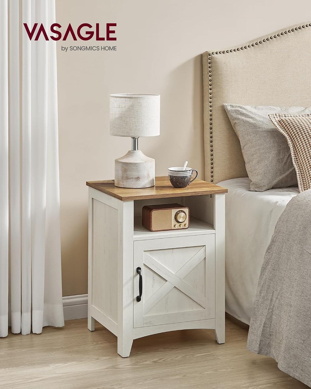 VASAGLE Nightstand Farmhouse Barn Door Bedside Table with Storage | Side End Table, Night Stand, Open Compartment, for Bedroom, Set of 2, Rustic White and Honey Brown, LIRY Collection