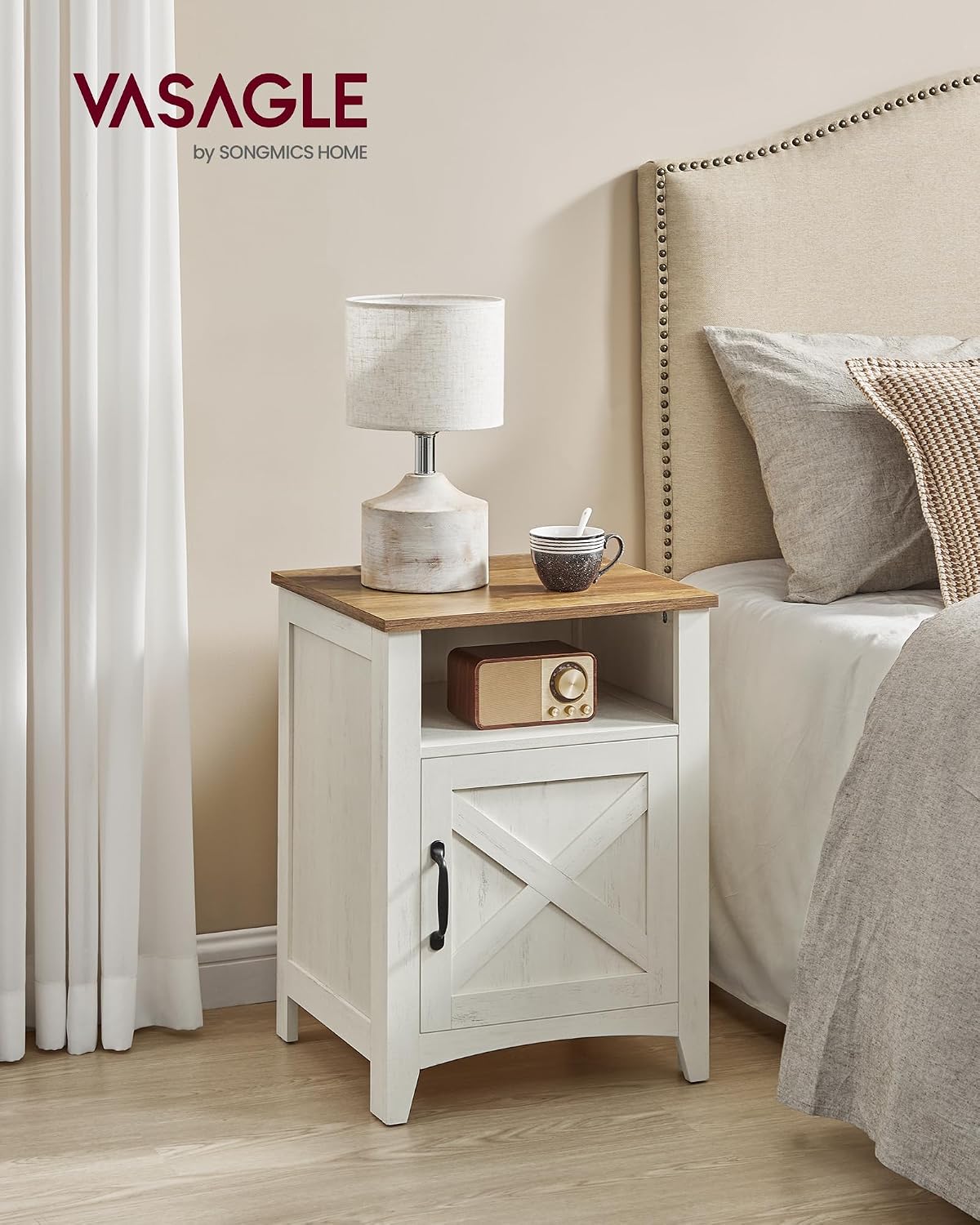 VASAGLE Nightstand Farmhouse Barn Door Bedside Table with Storage | Side End Table, Night Stand, Open Compartment, for Bedroom, Set of 2, Rustic White and Honey Brown, LIRY Collection