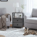 AMHANCIBLE Nightstands Set of 2, Large Night Stand with Charging Station | Bedside Table with 2 Fabric Drawers, End Side Tables Living Room, with Open Shelf, USB Ports Outlets, for Bedroom, Dark Grey