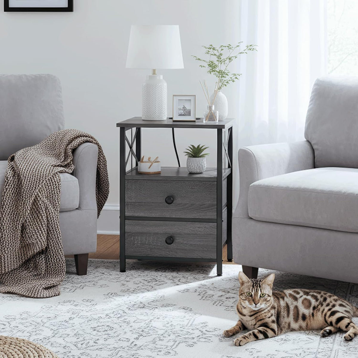 AMHANCIBLE Nightstands Set of 2, Large Night Stand with Charging Station | Bedside Table with 2 Fabric Drawers, End Side Tables Living Room, with Open Shelf, USB Ports Outlets, for Bedroom, Dark Grey