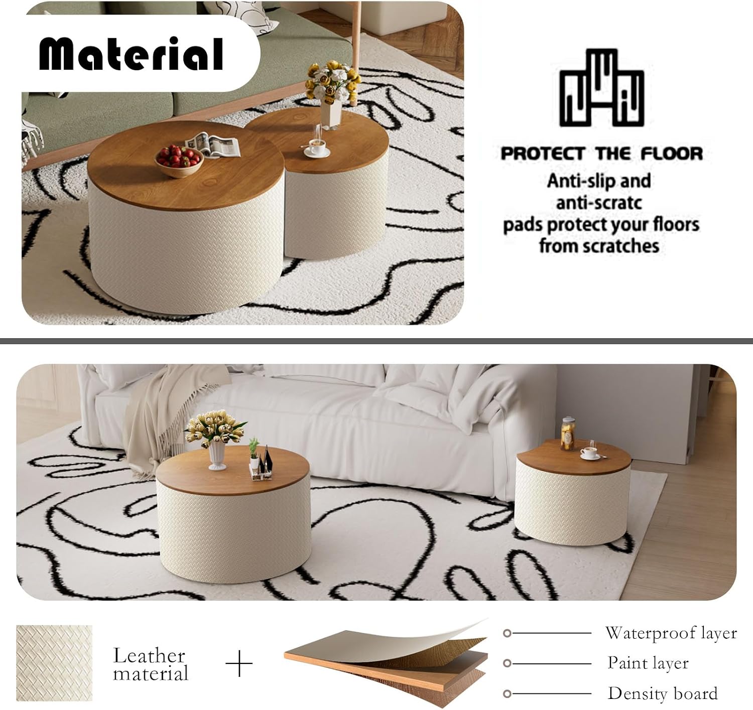 26.8" Nesting Round Coffee Table Set of 2 with Storage | Stackable Round Side End Table Nesting Set, White Upholstery, Wood Frame, Built-In Storage, For Small Living Space