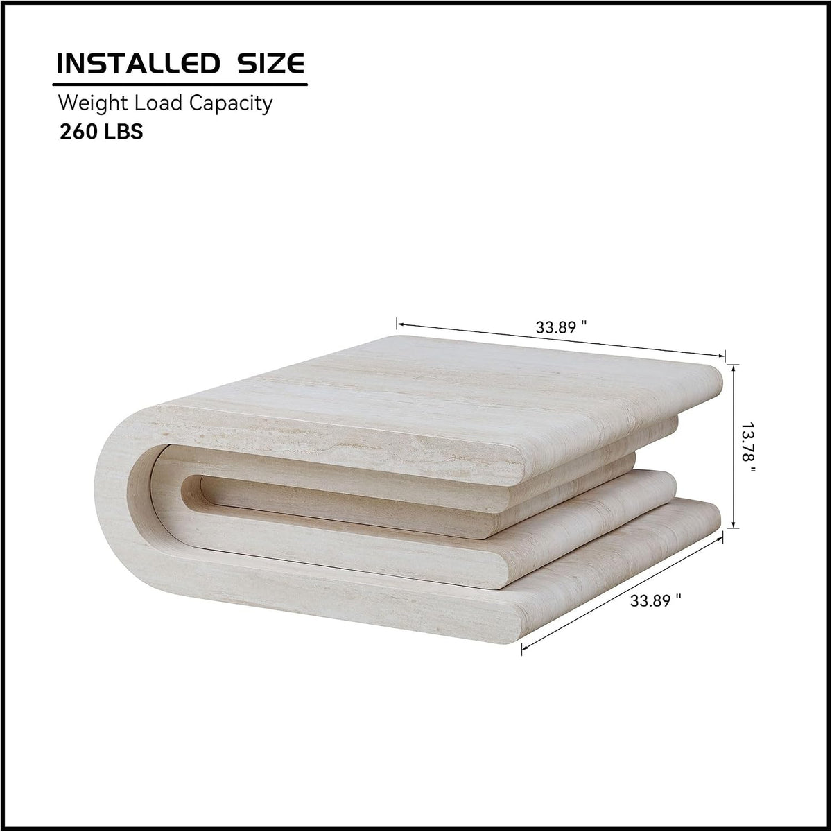 33.89" Square Faux Travertine Pattern Coffee Table for Living Room,MDF Modern Design Irregular Table with Layered Base for Office,Apartment,No Need Assembly,Beige
