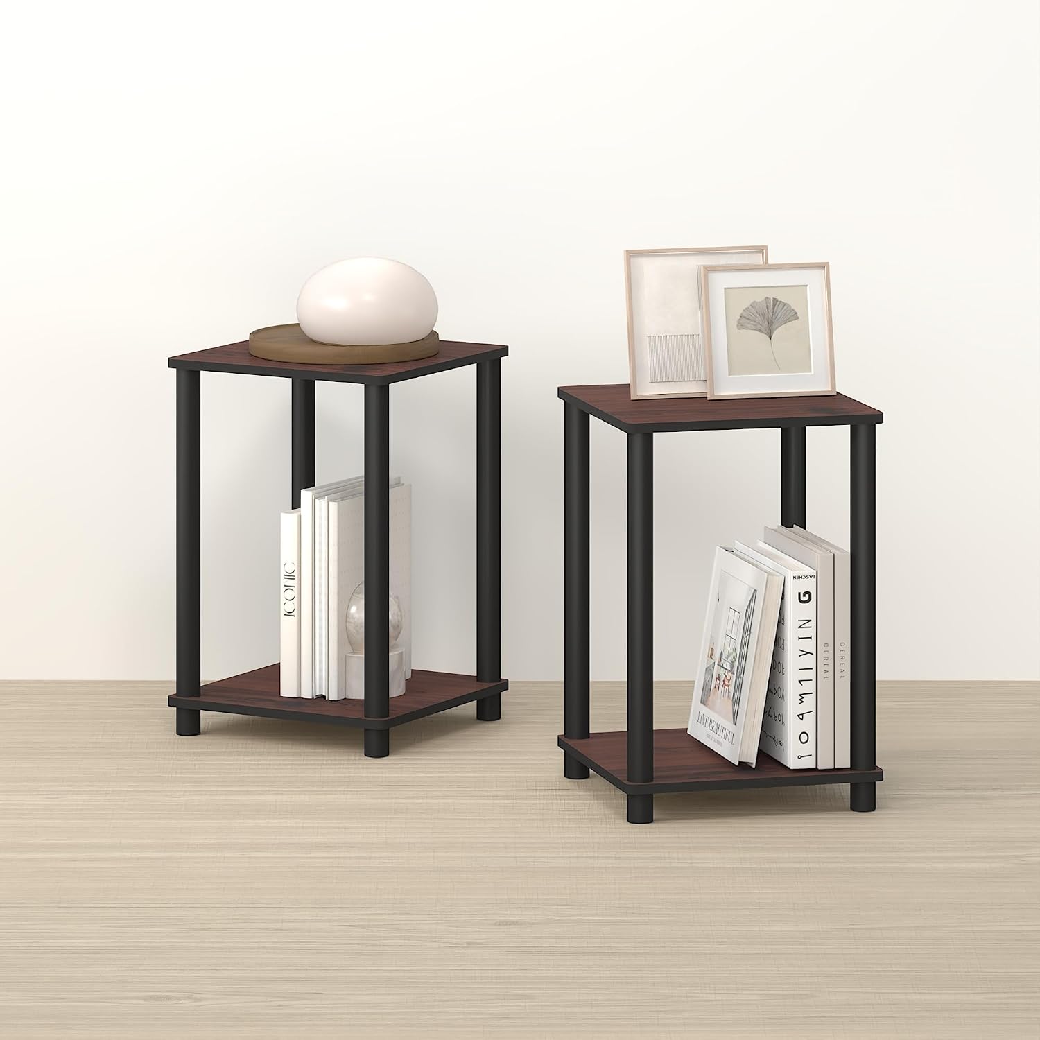 Handa 2-Tier Side Table, Set of 2 End Table, Night Stand, for Living Room, Bedroom, Dark Mahogany/Black