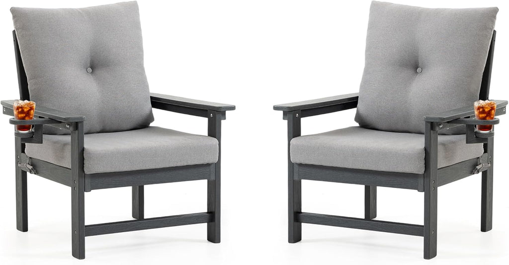 HDPE Patio Armchairs Set of 2 w/Cup Holeder, Outdoor Sectional Couch w/Thick Gray Cushions, Deep Seating Single Sofa for Garden, Deck, Front Porch, Grey