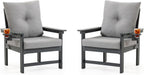HDPE Patio Armchairs Set of 2 w/Cup Holeder, Outdoor Sectional Couch w/Thick Gray Cushions, Deep Seating Single Sofa for Garden, Deck, Front Porch, Grey