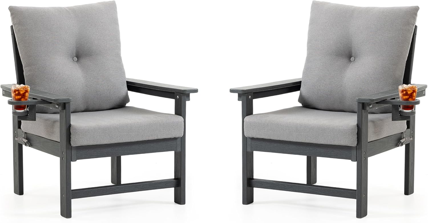 HDPE Patio Armchairs Set of 2 w/Cup Holeder, Outdoor Sectional Couch w/Thick Gray Cushions, Deep Seating Single Sofa for Garden, Deck, Front Porch, Grey