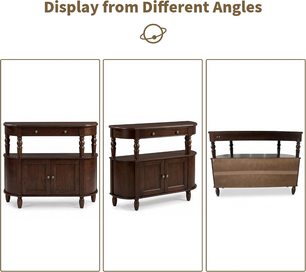 Curved Console Table with Solid Wood Legs, 47" Half Moon Sofa Table with Storage, Drawer & 2-Doors, Real Wood Veneer, Adjustable Shelf, Anti-Tip, Entryway Table for Living Room/Hallway,Walnut