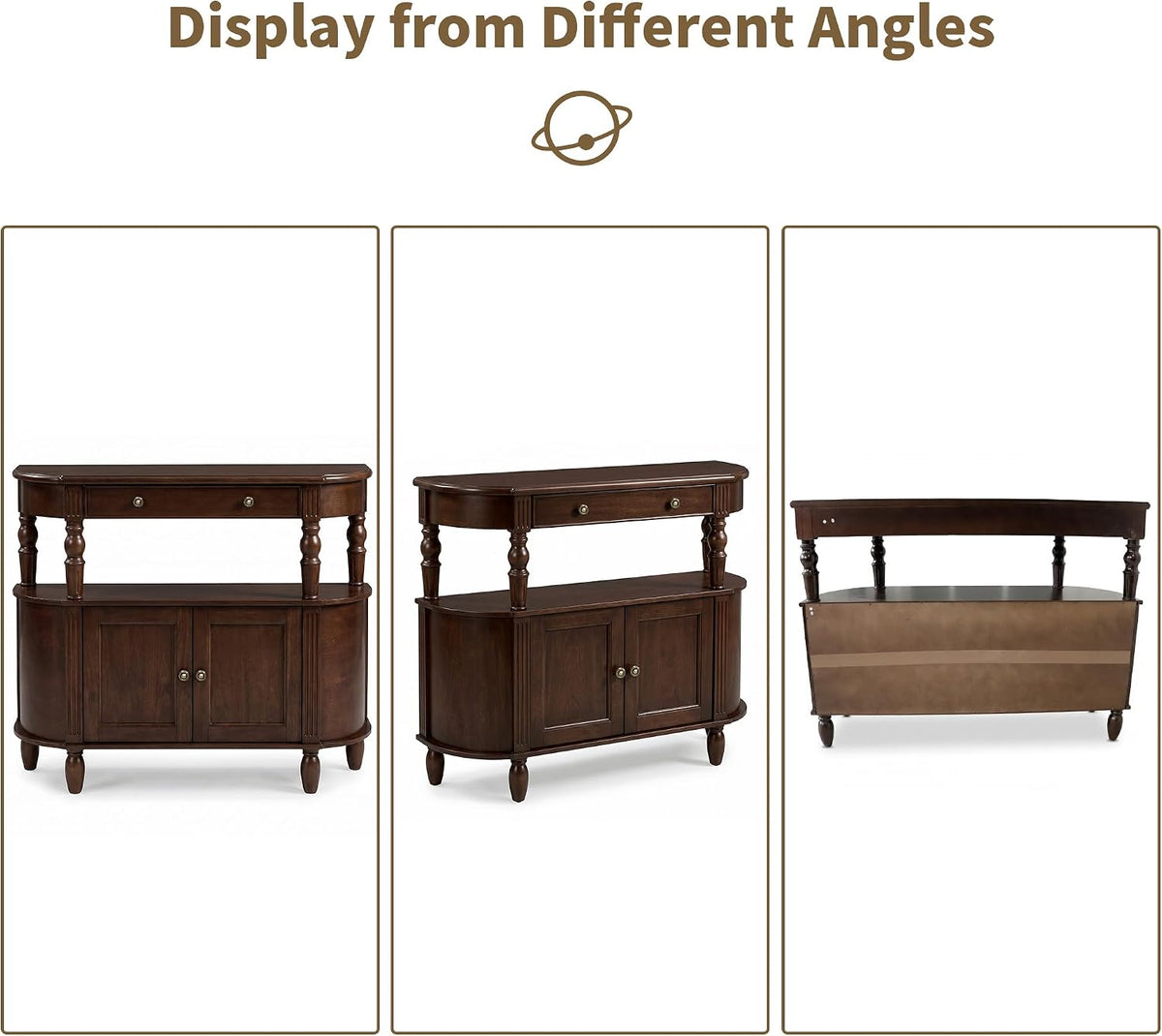 Curved Console Table with Solid Wood Legs, 47" Half Moon Sofa Table with Storage, Drawer & 2-Doors, Real Wood Veneer, Adjustable Shelf, Anti-Tip, Entryway Table for Living Room/Hallway,Walnut