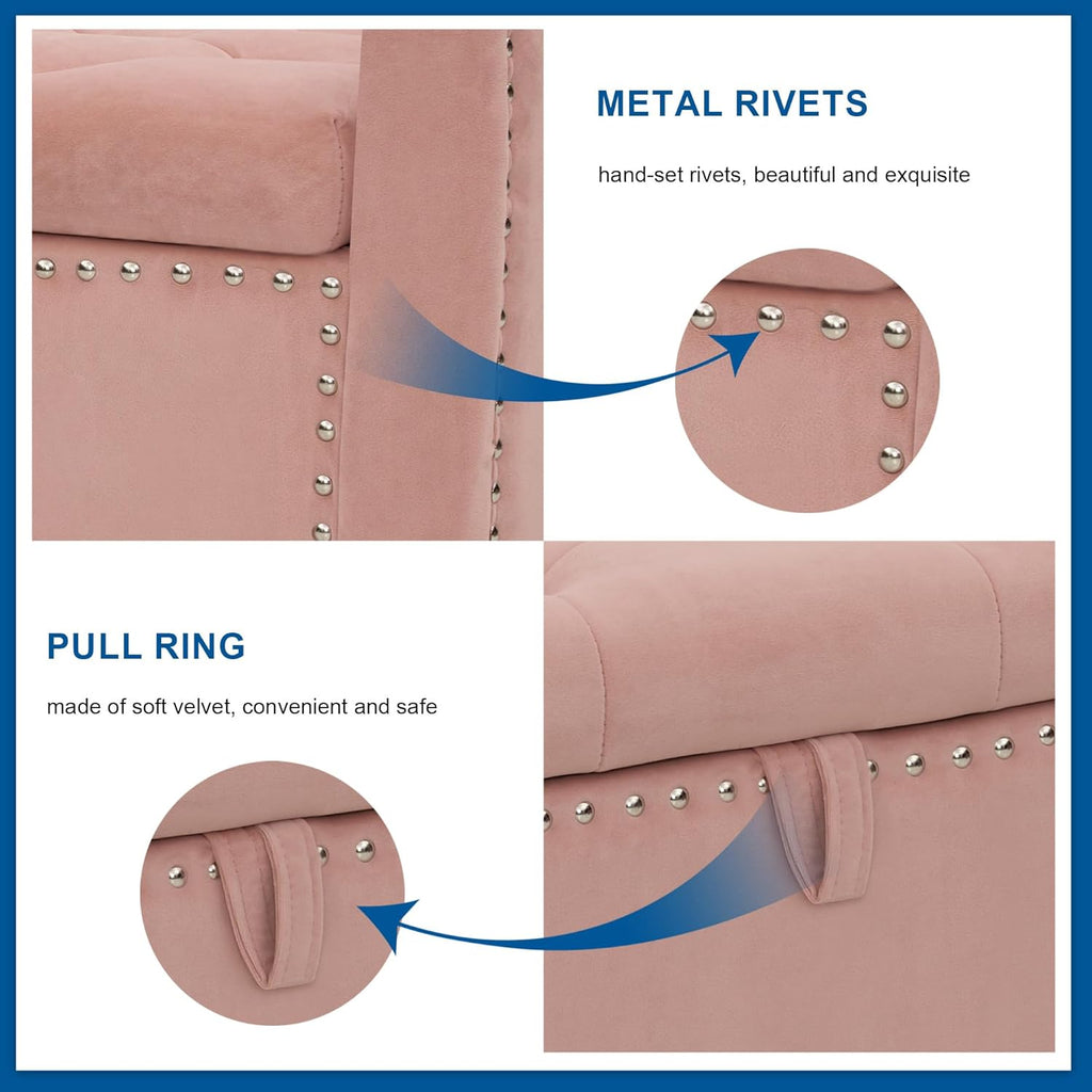 Storage Ottoman Bench, Velvet Upholstered Footstool for Bedroom and Living Room, Frosted Flannel Seat with Storage, Wooden Legs & Metal Rivets, Pink