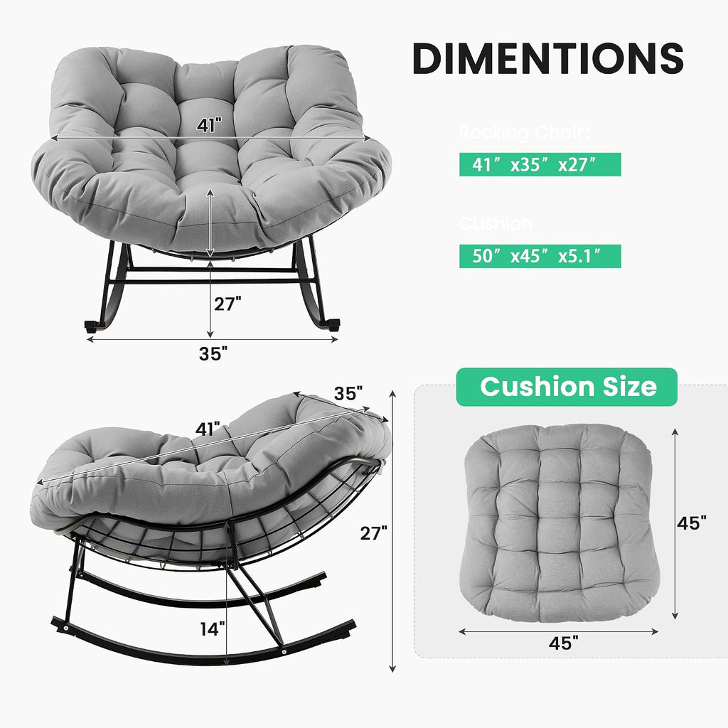JEAREY Papasan Rocking Chair, Outdoor Oversized Egg Chair, Grey | Oversized papasan rocking chair with thick cushion and smooth rocker base for porch, patio, bedroom, living room