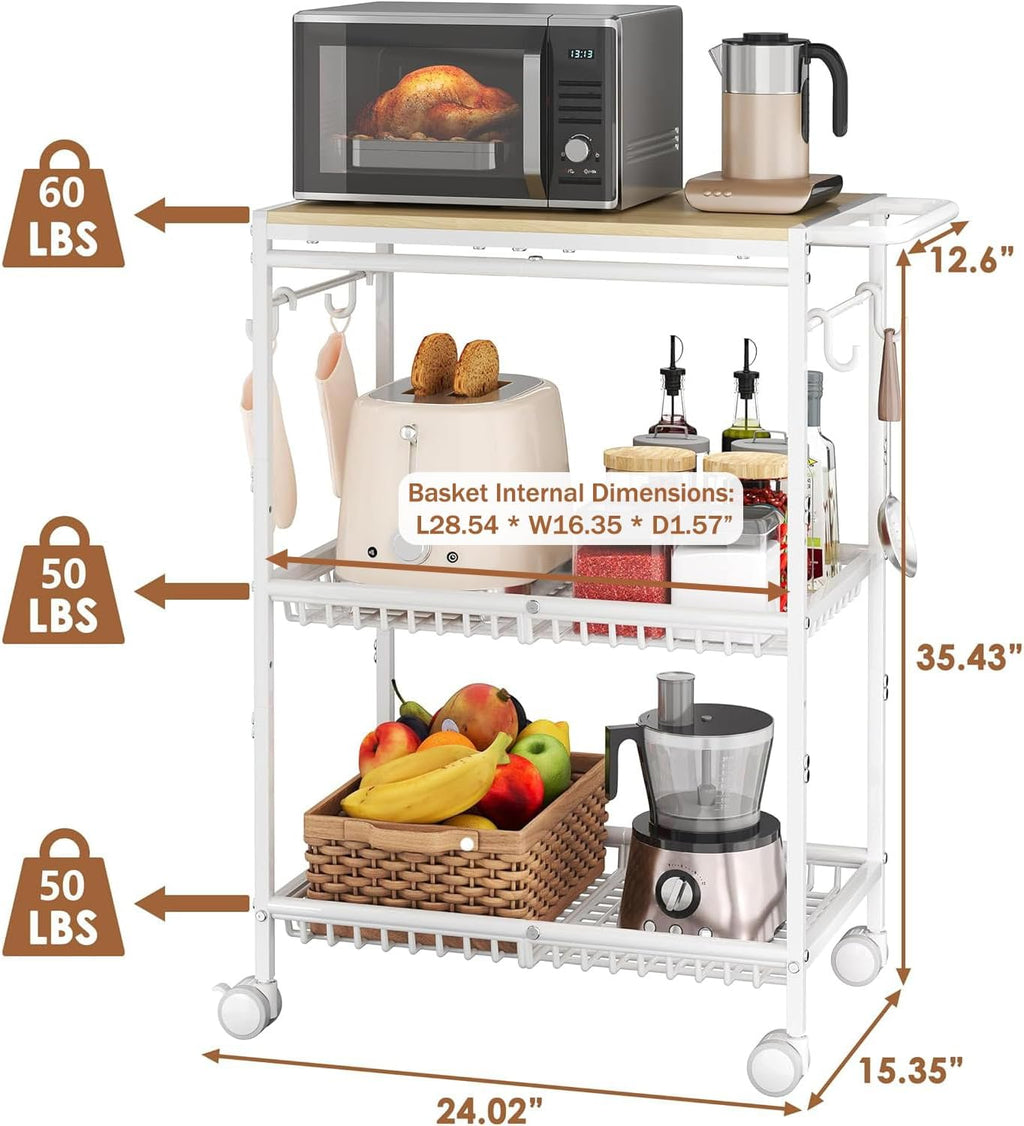 Microwave Kitchen Cart with 2 Lockable Wheels, White Kitchen Storage Cart with Push Handle, 3 Tier Rolling Cart with 210Lbs Capacity for Kitchen Island, Restaurant, Coffee Bar, Living Room, Office