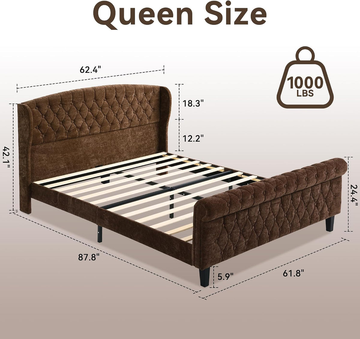 BedsPick Sleigh Queen Bed Frame with Wingback Headboard, Chenille Upholstered Bed Frame Queen Size with Button Tufted Scroll Footboard, Wood Slats Support/No Noise/Easy Assembly/No Box Spring Needed