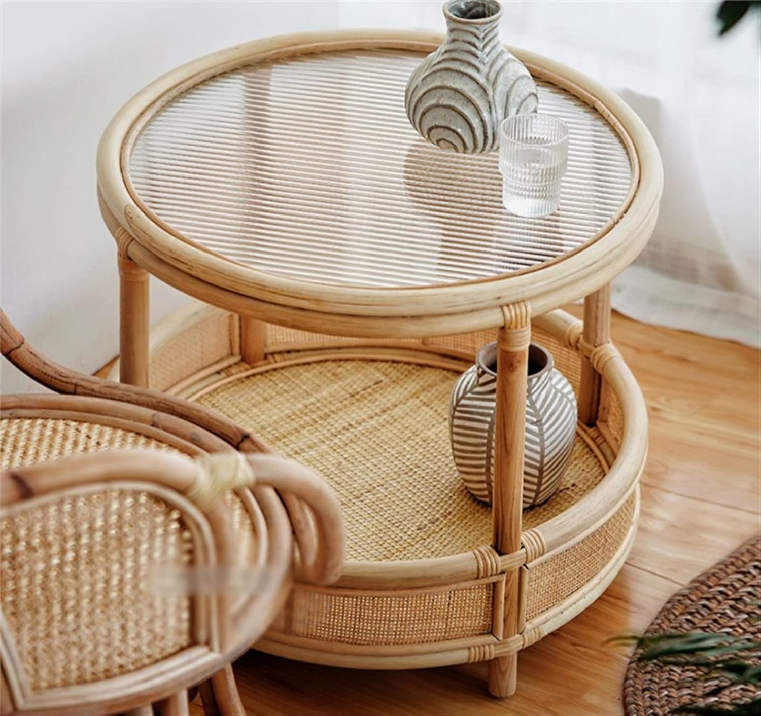 Mlaea Double-Layer Round Rattan Surface/Glass Surface Small Table, Living Room Sofa Side Shelf, Telephone Holder, Large Capacity, Country Style(Size:55 * 51cm,Color:B)