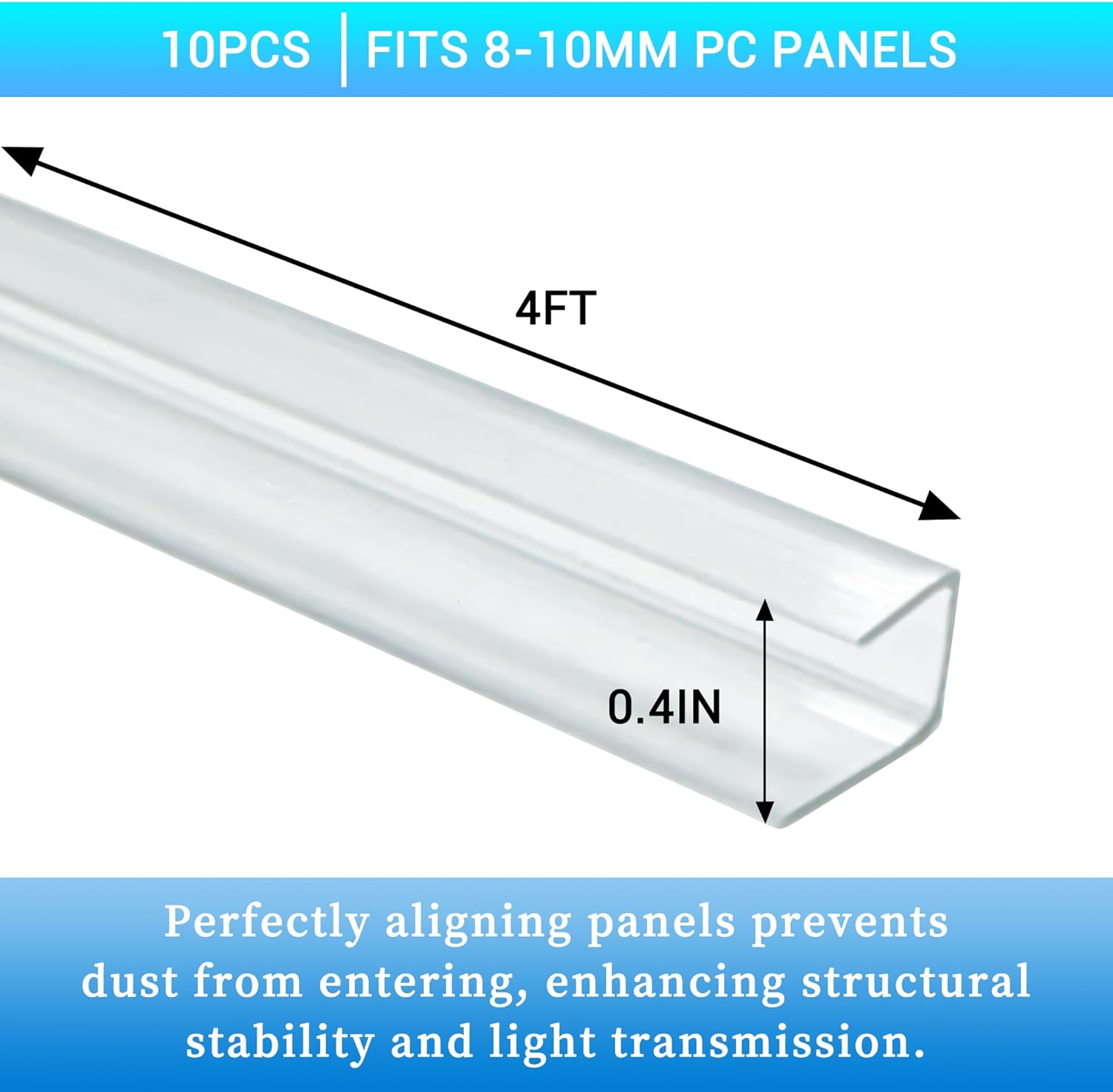 10 PCS Polycarbonate Greenhouse U Connector Profile 4ft Length Fits 0.32’’ & 0.4’’ Twin-Wall Polycarbonate Panels Duty Dust Rain & Moisture Protection Durabler (U-Clip 4' × 0.71’’ × 0.4’’)