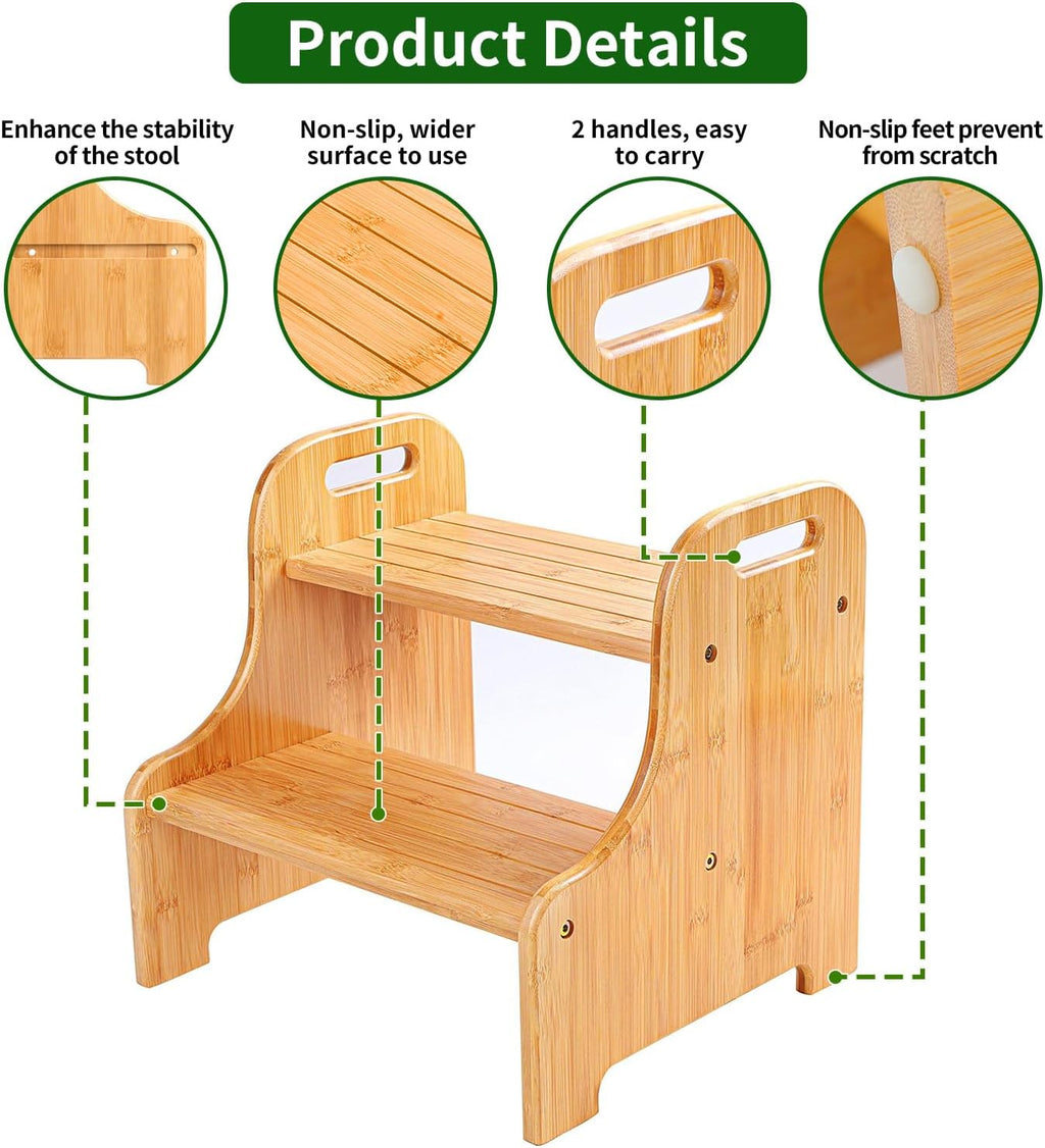 VaeFae Bamboo 2-Step Stool | 350LBS, Non-Slip, Built-In Handles, Suitable for Sink, Potty Training, Kitchen, Bathroom and Bedside Use, Natural