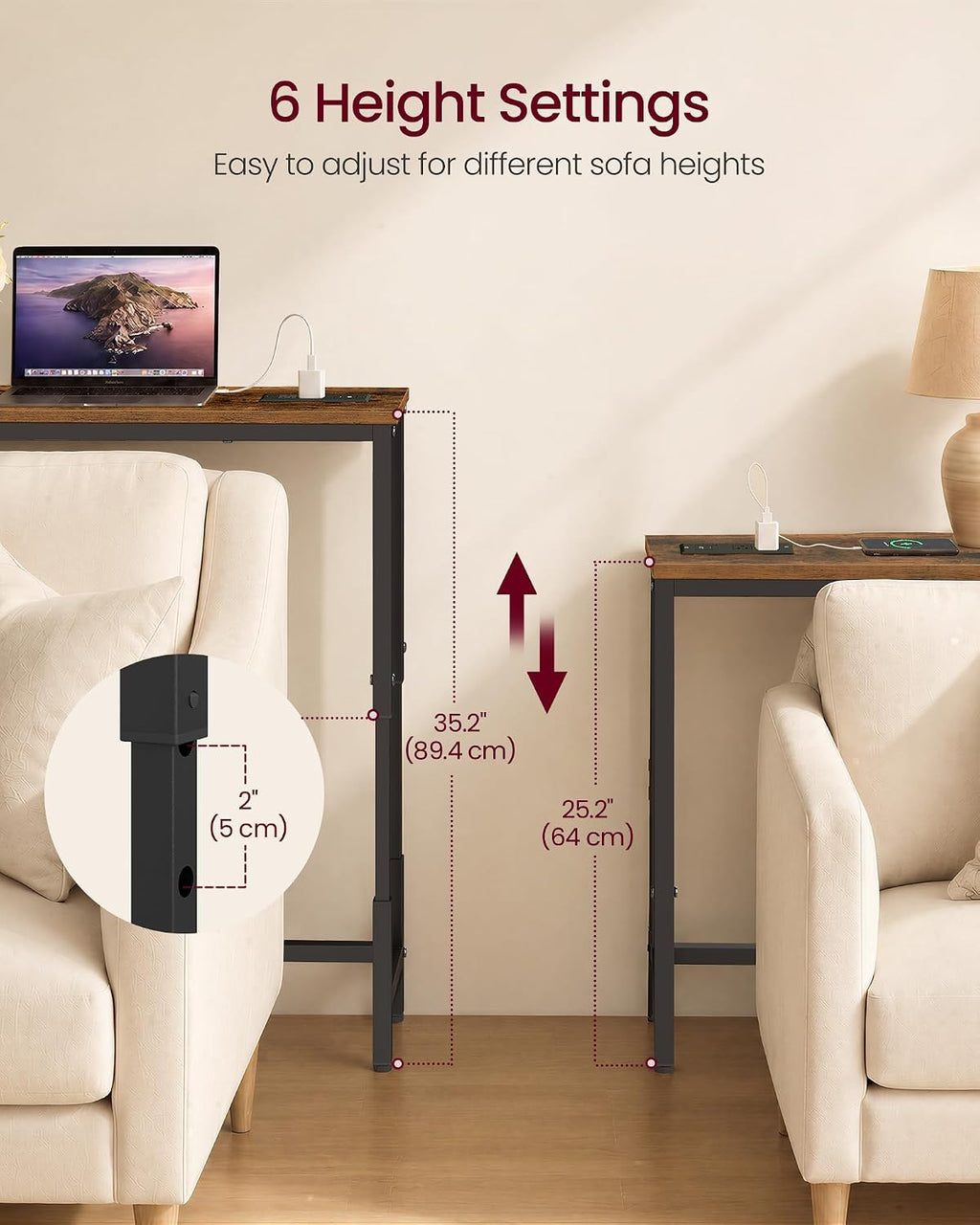 VASAGLE 106.3"Console Table, 25.2-35.2"Height Adjustable, with Power Outlet | Narrow Behind Couch Table, Sofa Table Easy Assembly, Rustic Brown and Matte Black, BARNET Collection ULNT189K101