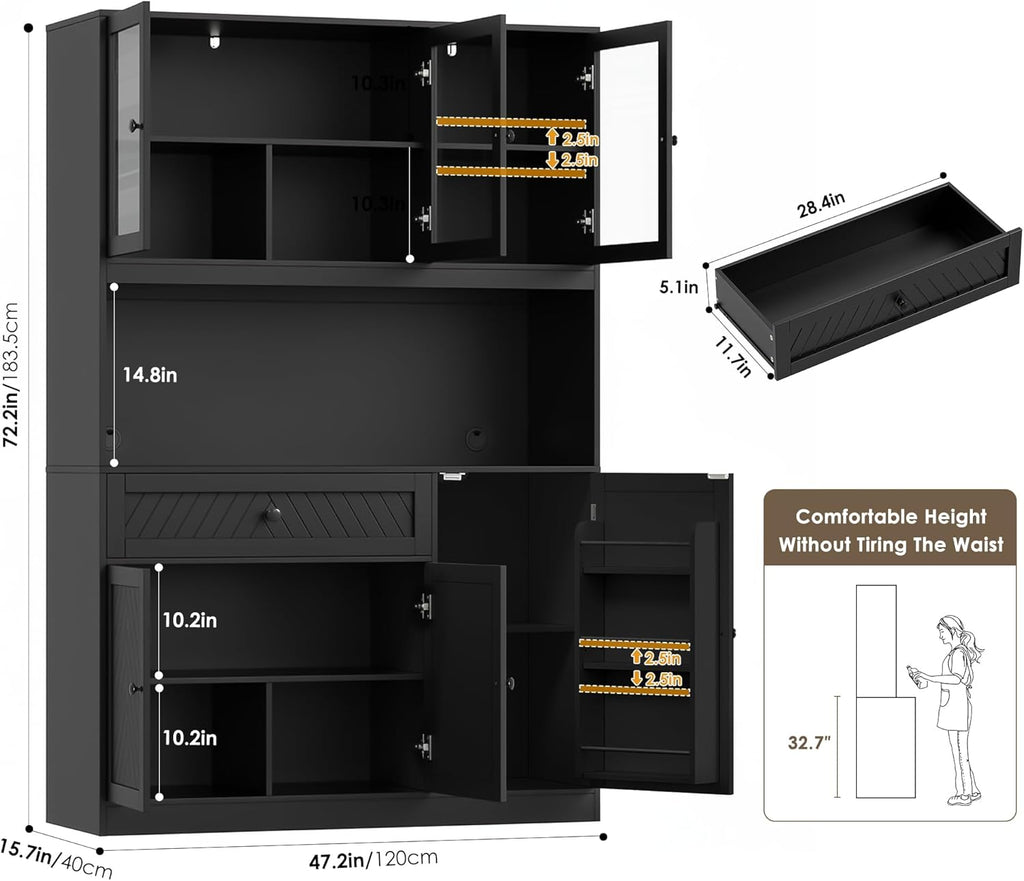 BOTLOG 72” Tall Kitchen Pantry Storage Cabinet, Modern White Kitchen Hutch with Large Storage Drawer, Countertop, Adjustable Shelves, Food Pantry Cabinets for Dining Room, Living Room (Black)