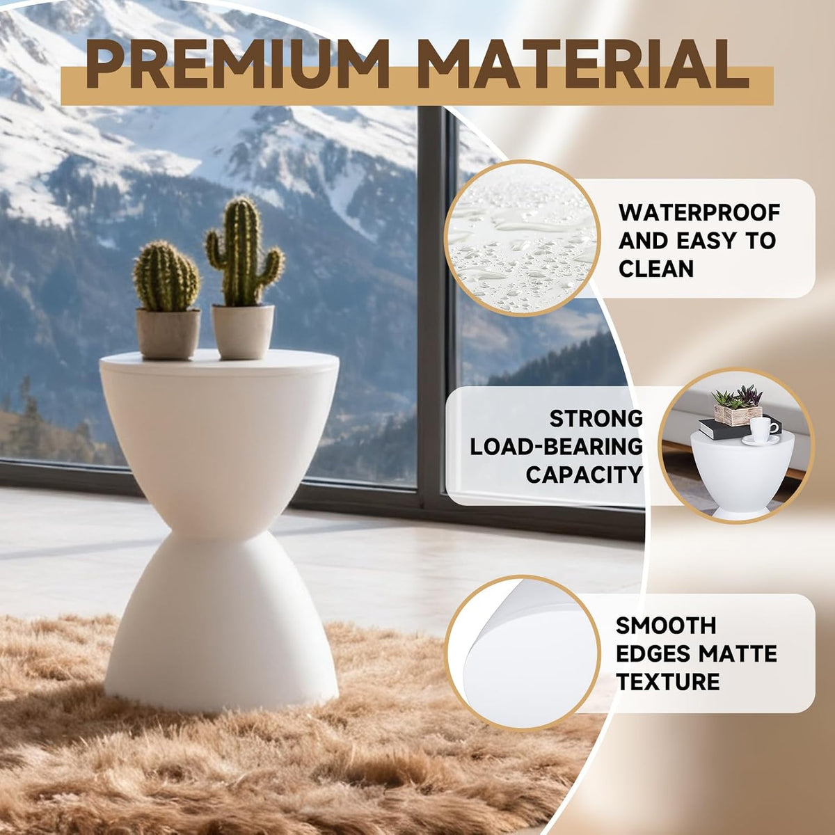 Hourglass Shaped Stool, Modern Round End Table Indoor/Outdoor Stool or End Table for Patio, Balcony, Poolside, Entryway, or Living Room 43x30cm (White)