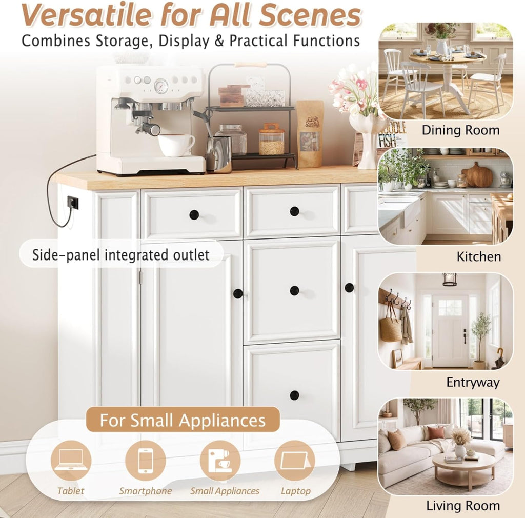 Hassyee Fixed Kitchen Island with Storage Space, Kitchen Console Table with 5 Drawers, 2 Cabinets, Adjustable Shelves, Buffet Server for Dining Room, Living Room, Entryway (White)