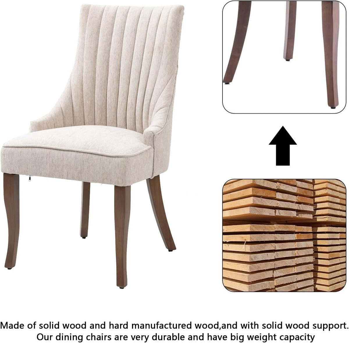 mikibama Linen Beige Dining Chairs Set of 6 Channel Tufted Kitchen Dinner Chair Comfy Fabric Upholstered Accent Chair for Dining Room with Solid Wood Legs