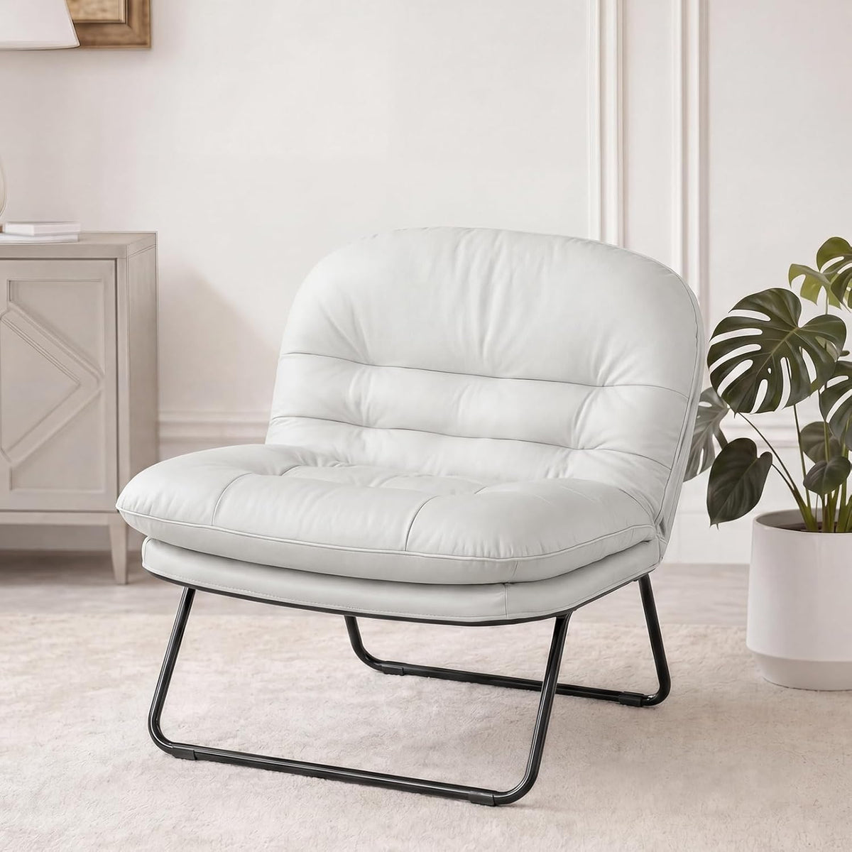 DUMOS Comfy Saucer Chair, Small Foldable Floor Chair, PU Leather | Adjustable Back Support, Bedroom, Living Room, Dorm Gaming, Small Spaces Apartment, Adults, Creamy White