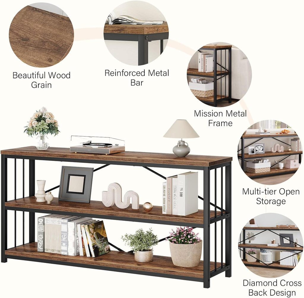 LVB Farmhouse Industrial Console Table for Home, Rustic Brown, 70 Inch | Wood Metal Foyer Entryway Sofa Tables with Storage, 3 Tier Long Rustic Entry Table TV Stand with Shelves for Living Room