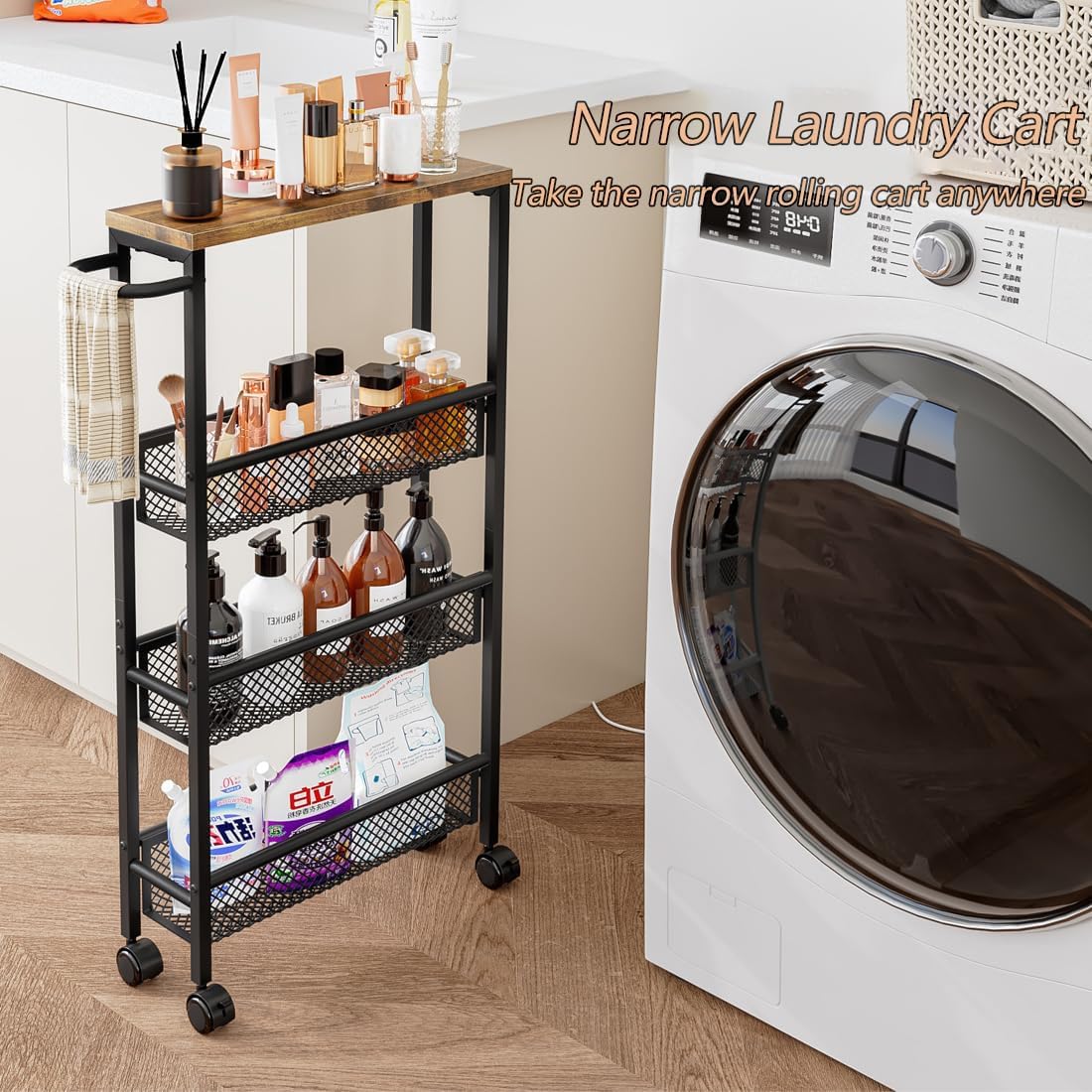 AZERPIAN Slim Rolling Cart 5 Tier Narrow Storage Cart on Wheels with Handle | Lockable Wheels, Wood Top Panel, Metal Frame Utility Carts for Kitchen, Dining, Living, Home Office, Laundry Room