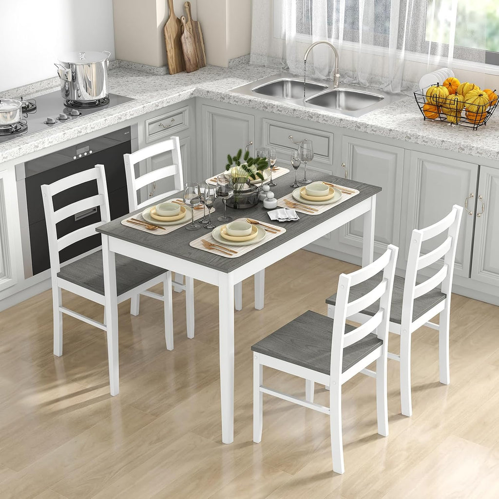 COSTWAY 5-Piece Dining Table Set for 4 w/Rubber Wood Structure, Grey | Spacious Tabletop, Anti-Slip Pads, Rubber Wood Legs, Space-Saving Design for Small Place, Apartment, Studio, Restaurant