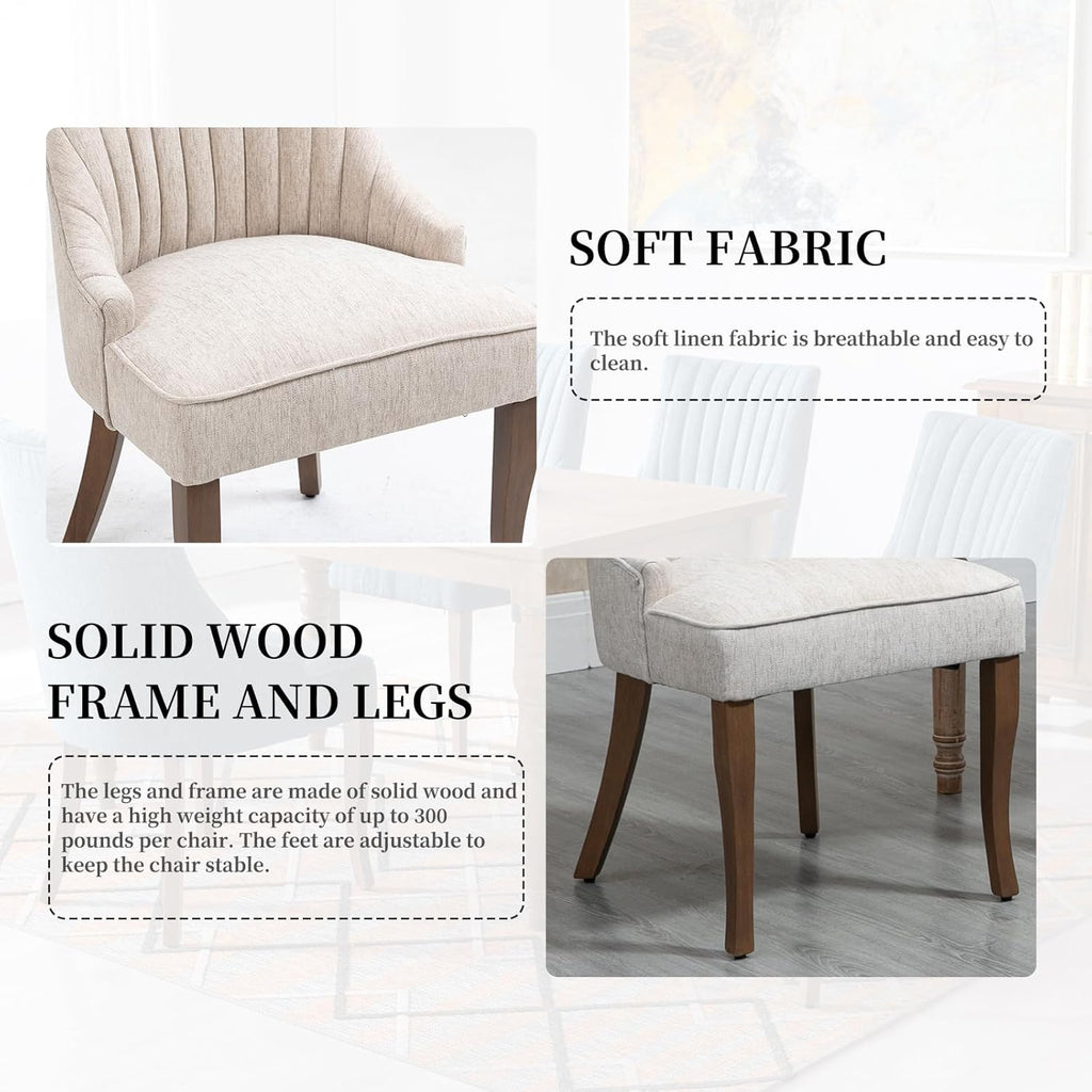 Linen Kitchen and Dining Chairs Set of 2, Channel Tufted Dining Room Chairs Comfy Fabric, Upholstered sillas for Dining Room with Solid Wood Legs