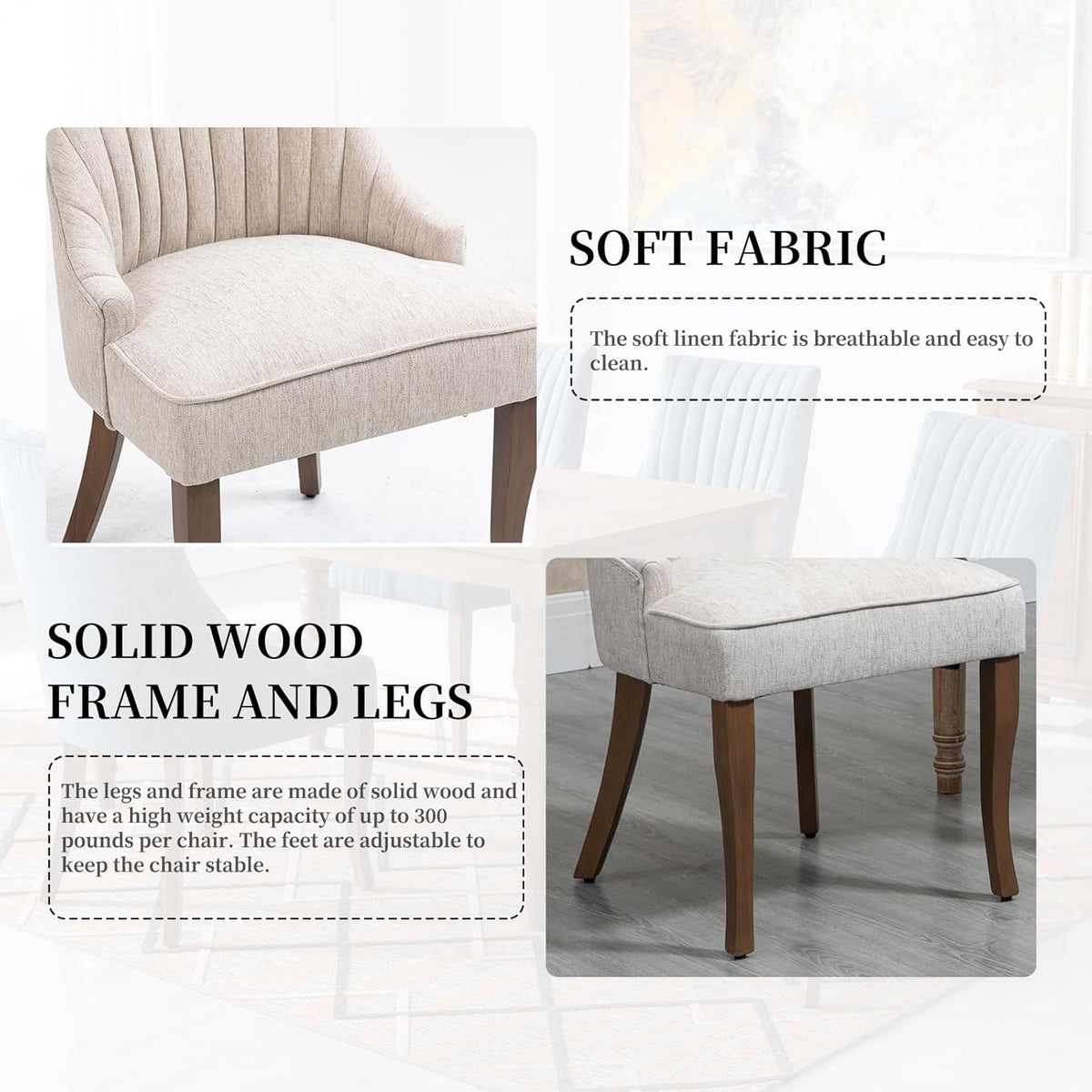 Linen Kitchen and Dining Chairs Set of 2, Channel Tufted Dining Room Chairs Comfy Fabric, Upholstered sillas for Dining Room with Solid Wood Legs