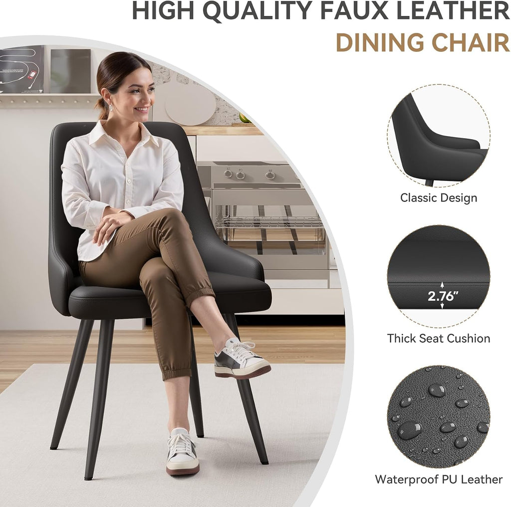 Faux Leather Chairs Set of 4, Waterproof Padded Seat,Black | Modern Dining Chair, Metal Legs, Ergonomic Wide Backrest, Stain Resistant, Easy 10-Min Assembly, Kitchen Living Room
