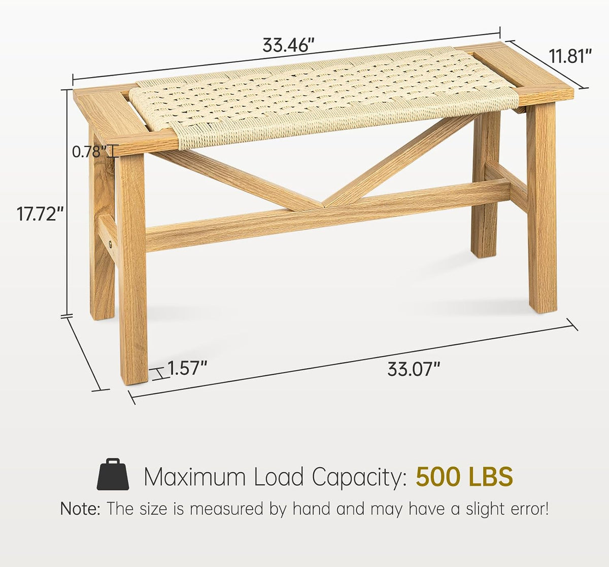 Solid Wood Narrow Bench, 33.46" Woven Bench for Entryway and Hallway, End of Bed Bench with Oak Frame, Boho Accent Bench - 500lbs Capacity (Natural White)