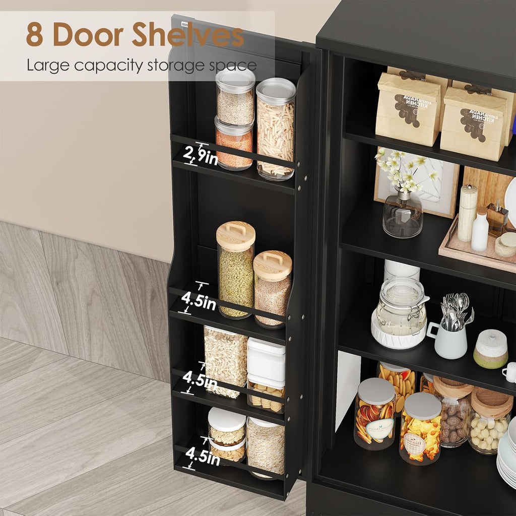 PAOFIN 47" Kitchen Pantry Cabinet, Metal Storage Cabinet with 3 Adjustable Layer Shelves, 8 Door Shelves, Buffet Sideboard for Living Room, Kitchen, Black
