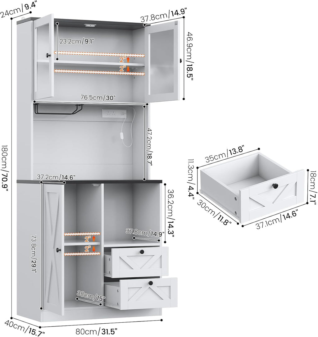 71" Tall Coffee Bar Cabinet with Storage Hutch, Farmhouse Kitchen Pantry Cabinet with LED Lights Microwave Stand and Glass Holder for Home Dining Room Kitchen,White