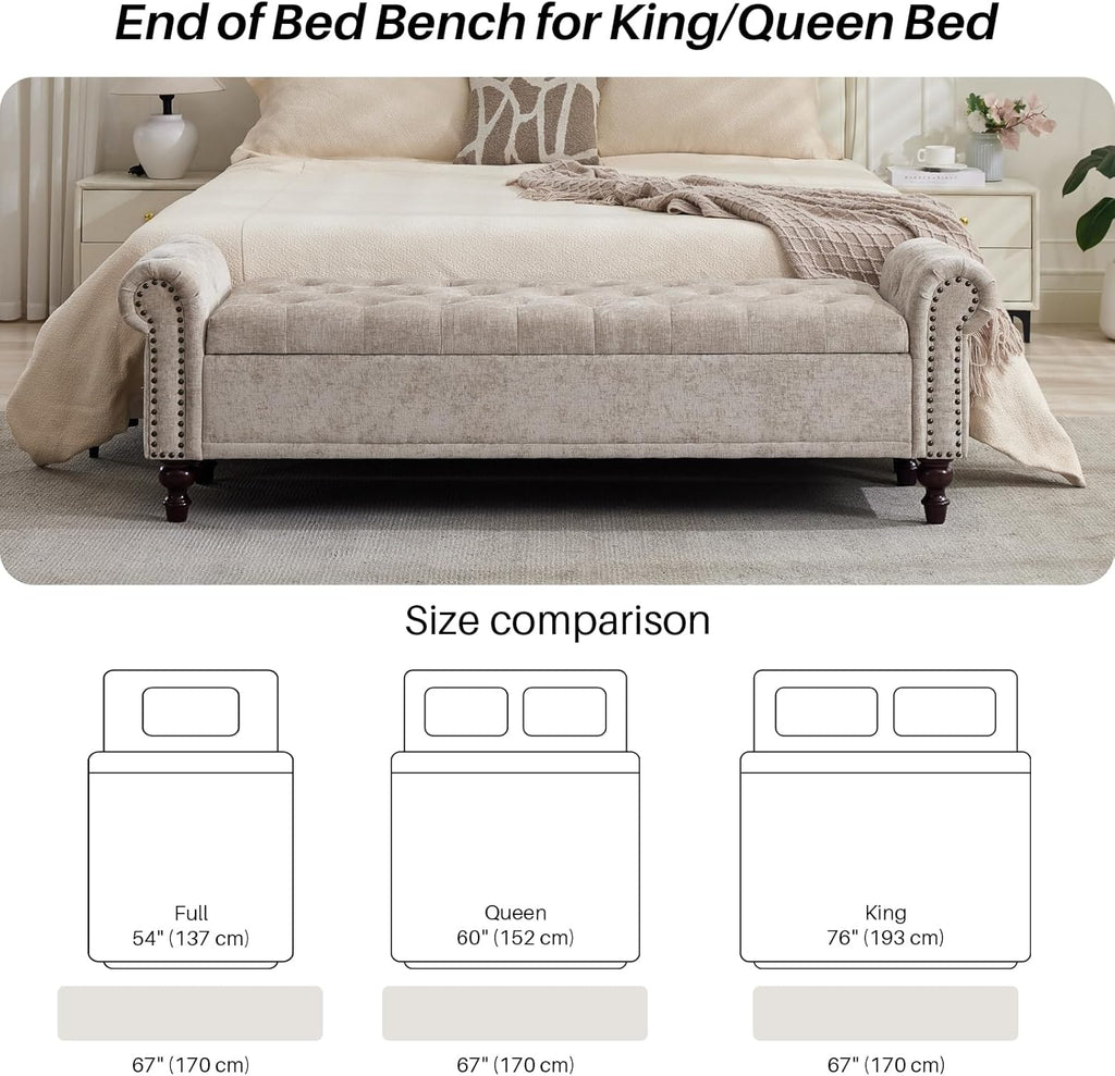 SOFTHION Storage Bench for Bedroom, 67" End of Bed Bench King Size, Upholstered Chenille Storage Ottoman with Tufted Cushioned Rolled Arm Large Storage Space for Living Room Entryway, Light Brown