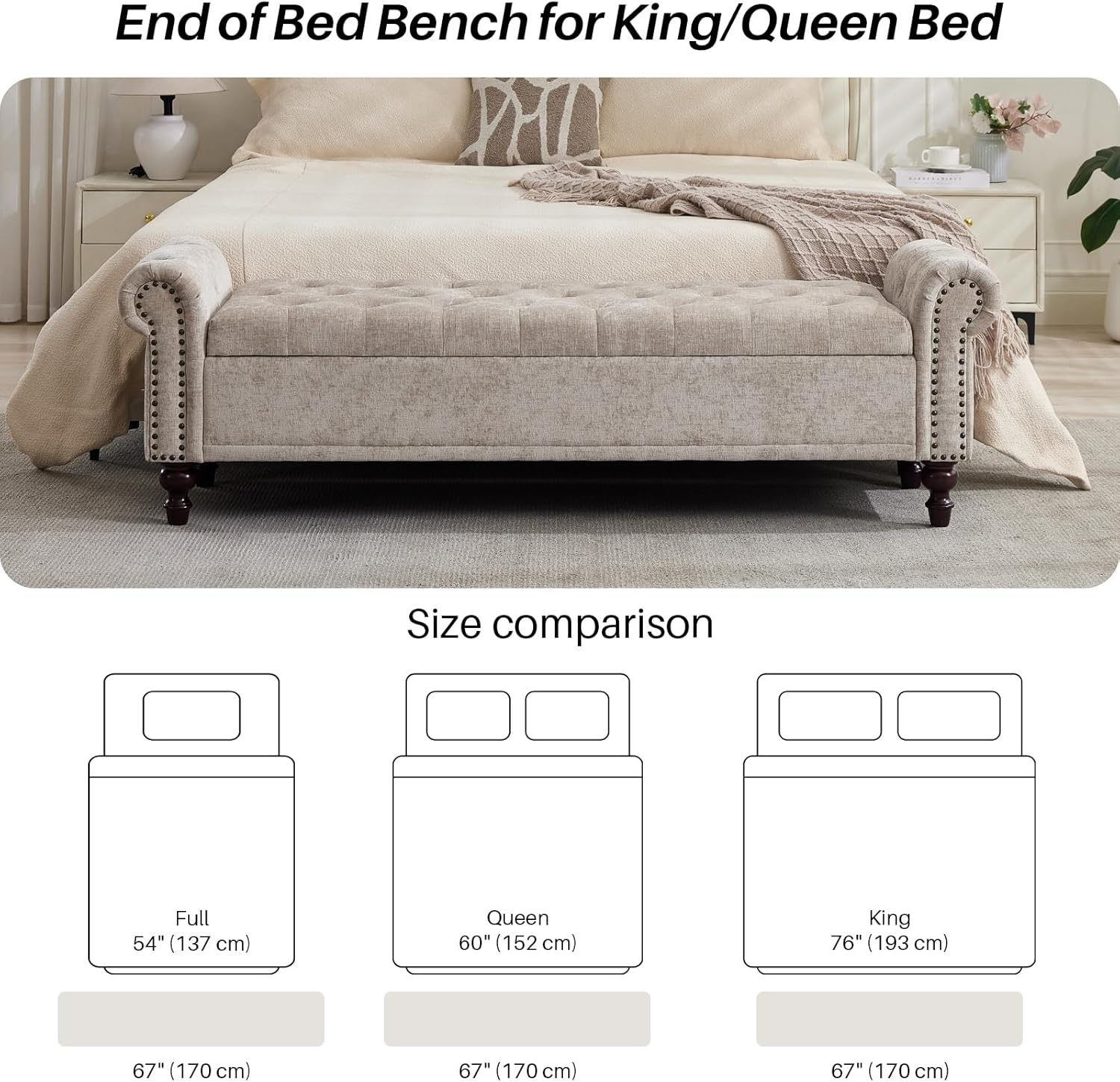 SOFTHION Storage Bench for Bedroom, 67" End of Bed Bench King Size, Upholstered Chenille Storage Ottoman with Tufted Cushioned Rolled Arm Large Storage Space for Living Room Entryway, Light Brown
