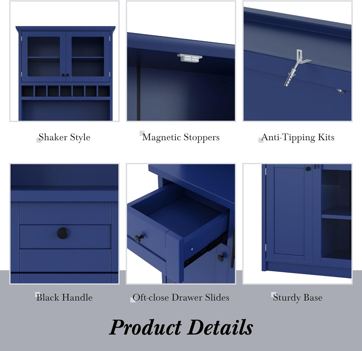 Freestanding Kitchen Pantry with Drawer, Adjustable Shelves & Wine, Blue | Rustic blue finish, solid wood legs, adjustable shelves, wine rack holds 12 bottles, 35.4"W x 17.7"D x 74.8"H, for dining